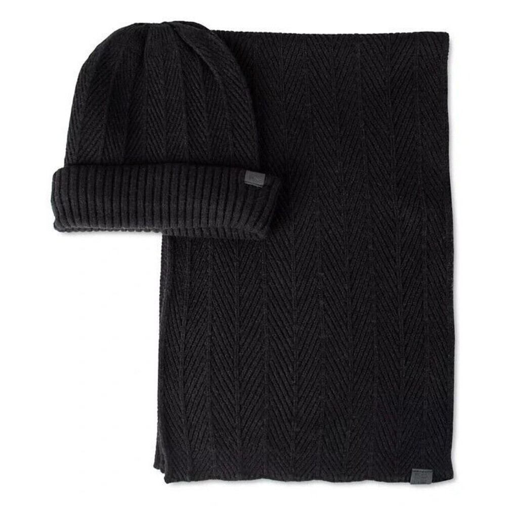 KENNETH COLE REACTION Mens Beanie Hat Scarf Set Herringbone Knit Logo Giftable